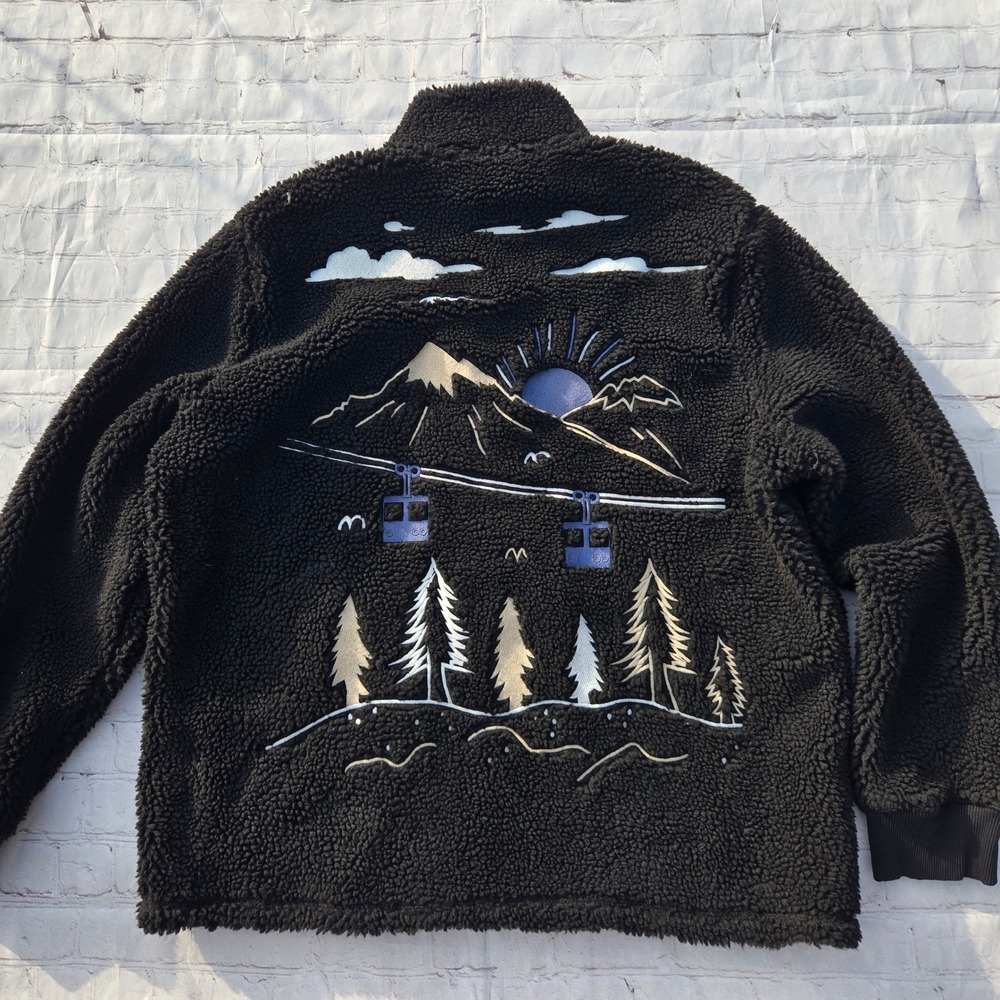 Express Mens XL Black Sherpa ski embroidered Quarter Zip cabin core apres ski